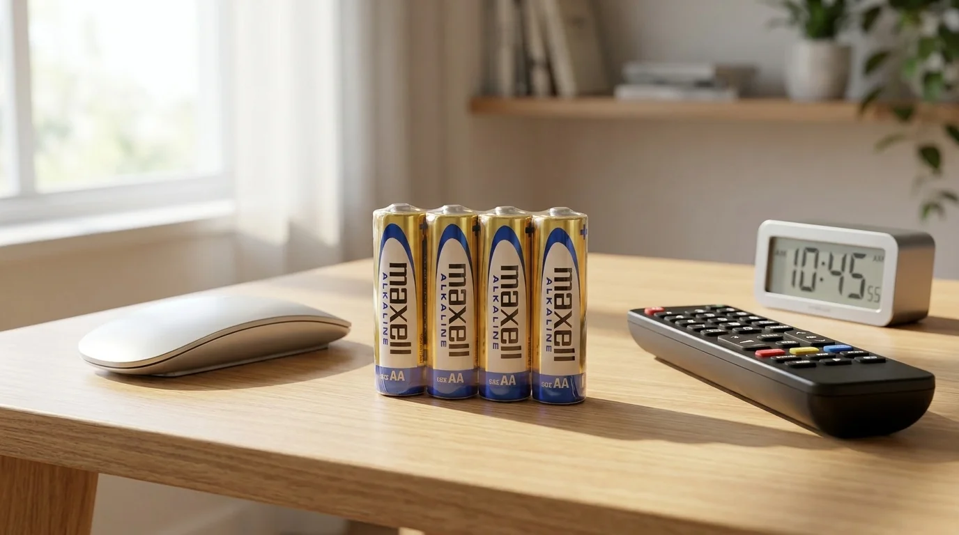 Čtyři alkalické baterie Maxell AA stojící na dřevěném stole vedle dálkového ovladače, počítačové myši a digitálních hodin.