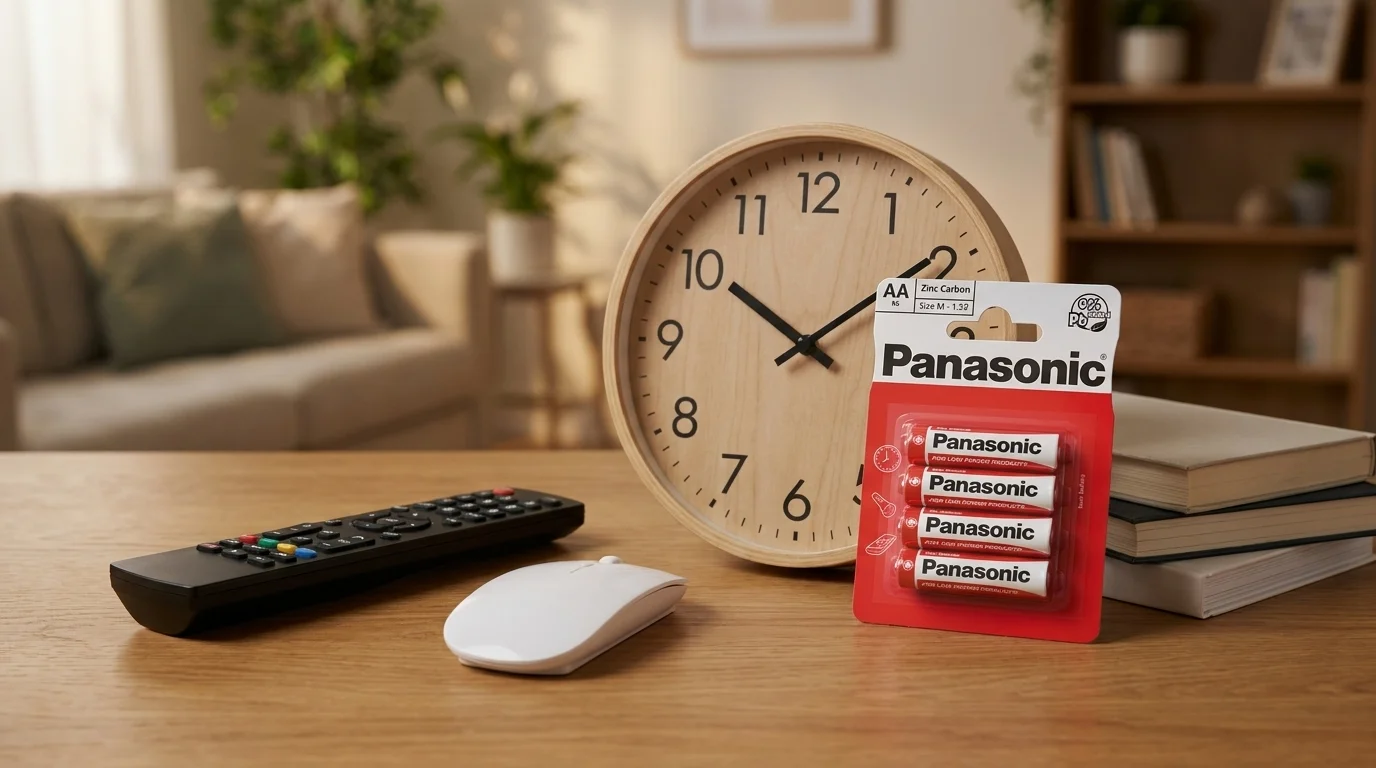 Balení čtyř baterií Panasonic AA na dřevěném stole vedle hodin, dálkového ovladače a počítačové myši.