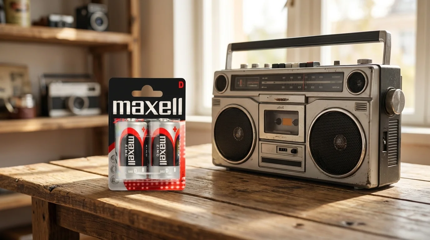 Blistrové balenie dvoch batérií Maxell typu D na drevenom stole vedľa retro rádiomagnetofónu.