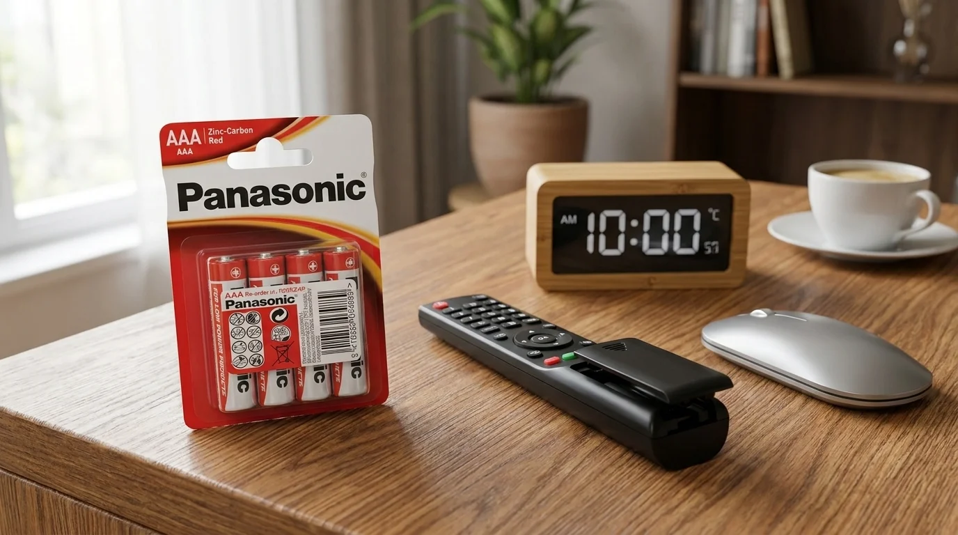 Balení čtyř mikrotužkových baterií Panasonic AAA na dřevěném stole vedle dálkového ovladače, digitálního budíku a počítačové myši.