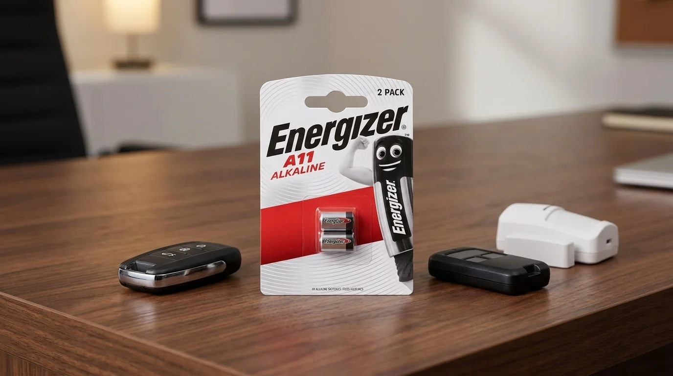 Balenie dvoch batérií Energizer A11 na drevenom stole vedľa autokľúča a diaľkových ovládačov.