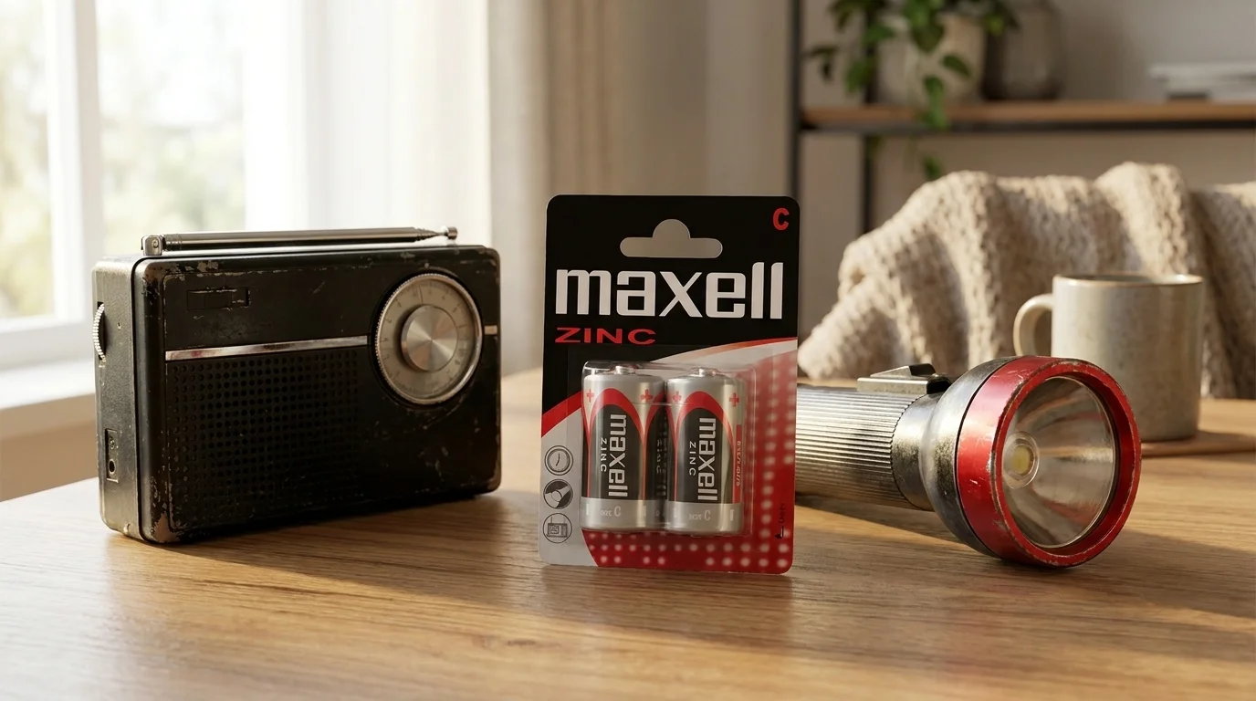 Blistrové balenie dvoch batérií Maxell typu C položené na drevenom stole medzi starším rádiom a ručným svietidlom.