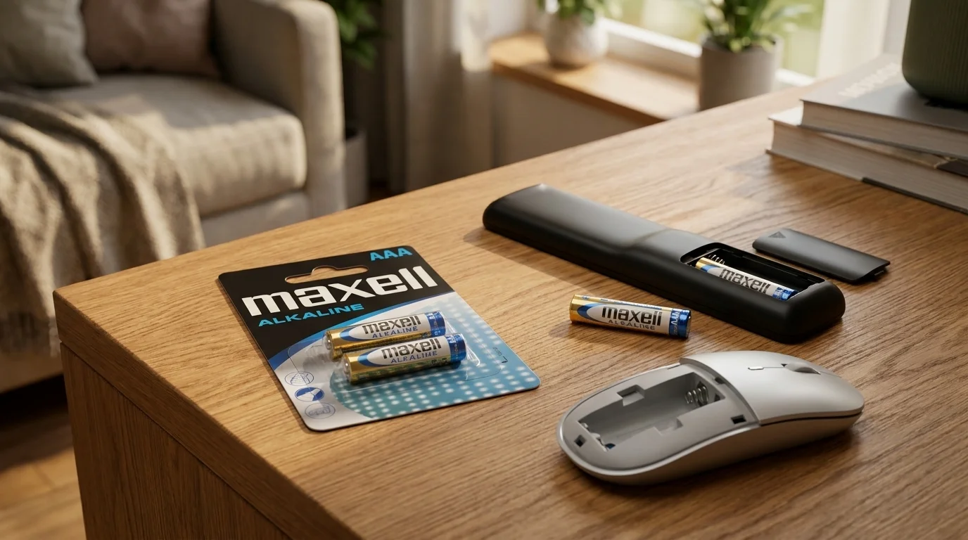 Balenie batérií Maxell AAA na drevenom stole vedľa otvoreného diaľkového ovládača a počítačovej myši.