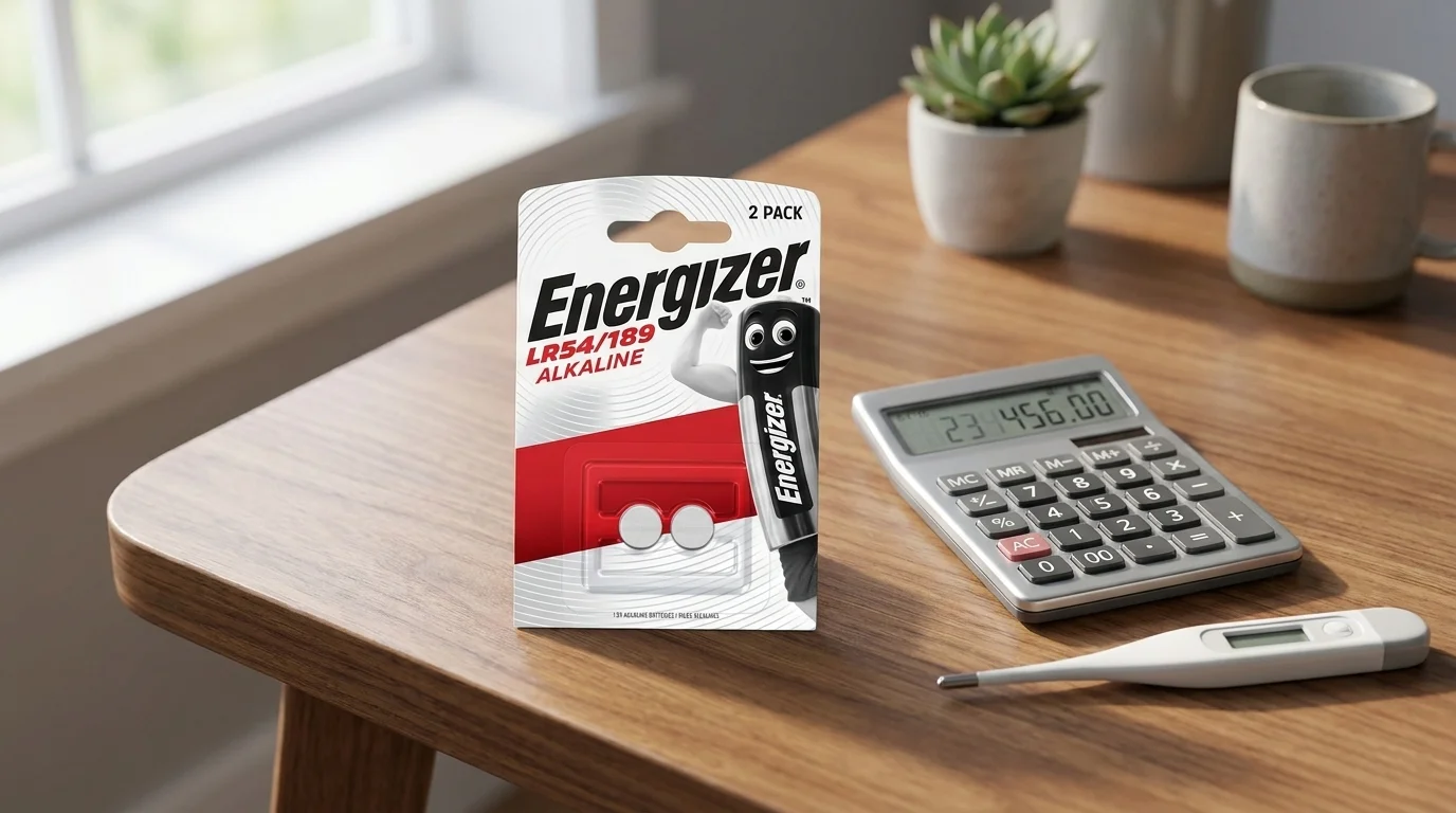 Balení dvou knoflíkových baterií Energizer LR54/189 na dřevěném stole vedle kalkulačky a digitálního teploměru.