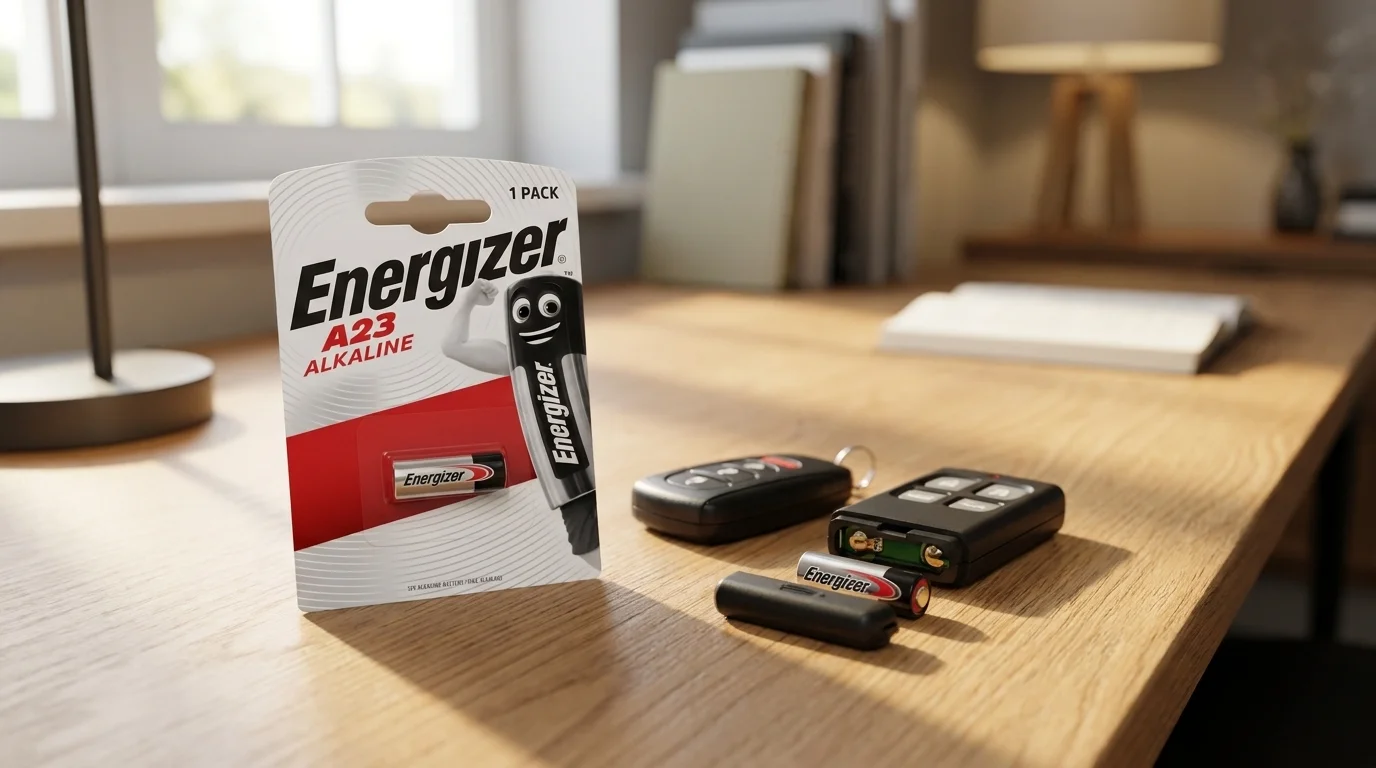 Balenie batérie Energizer A23 na drevenom stole vedľa autokľúča a otvoreného diaľkového ovládača.