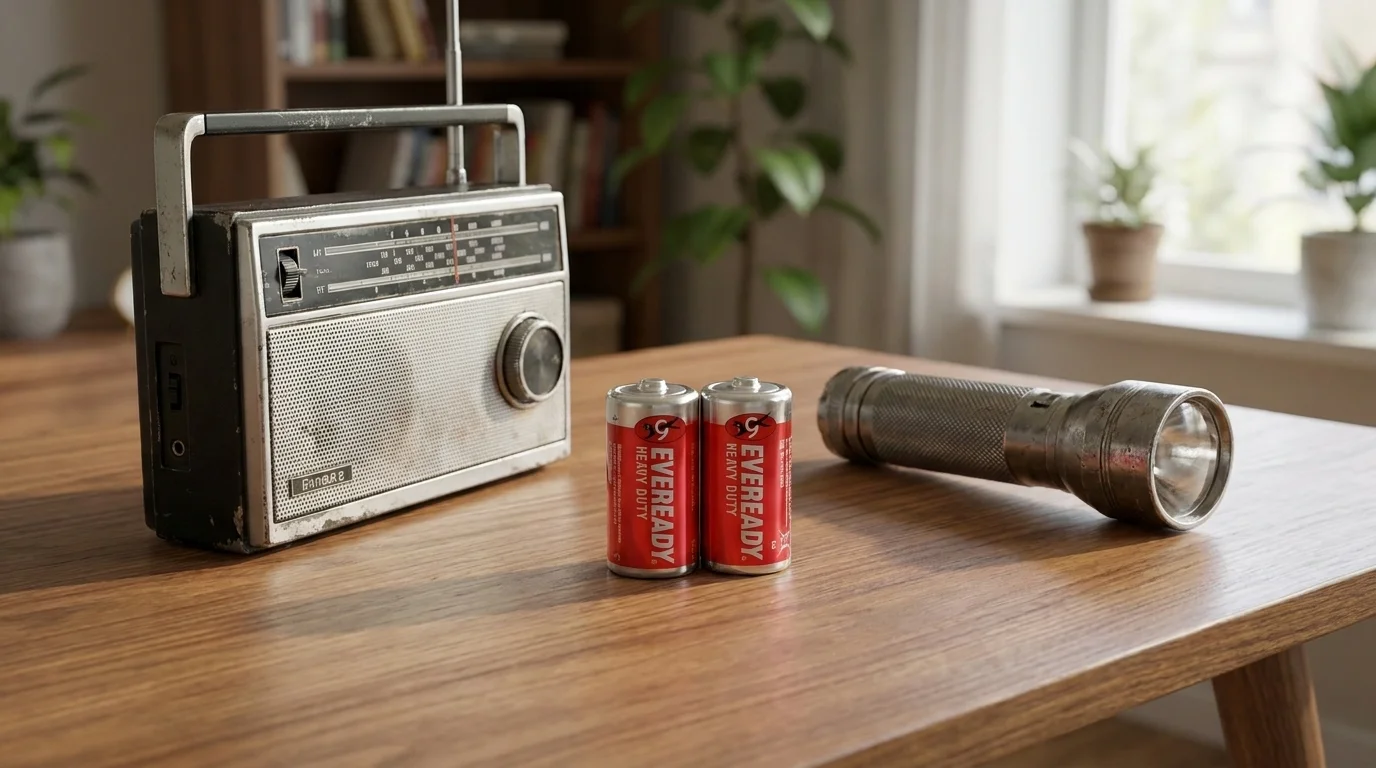 Dvě baterie Eveready R14 na dřevěném stole stojící mezi přenosným rádiem a ruční svítilnou.