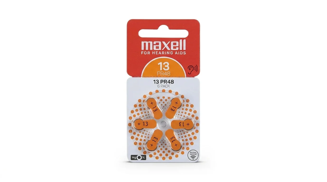 Balenie šiestich zinkovzdušných batérií Maxell 13 PR48 pre načúvacie prístroje v otočnom dávkovači s oranžovými páskami.