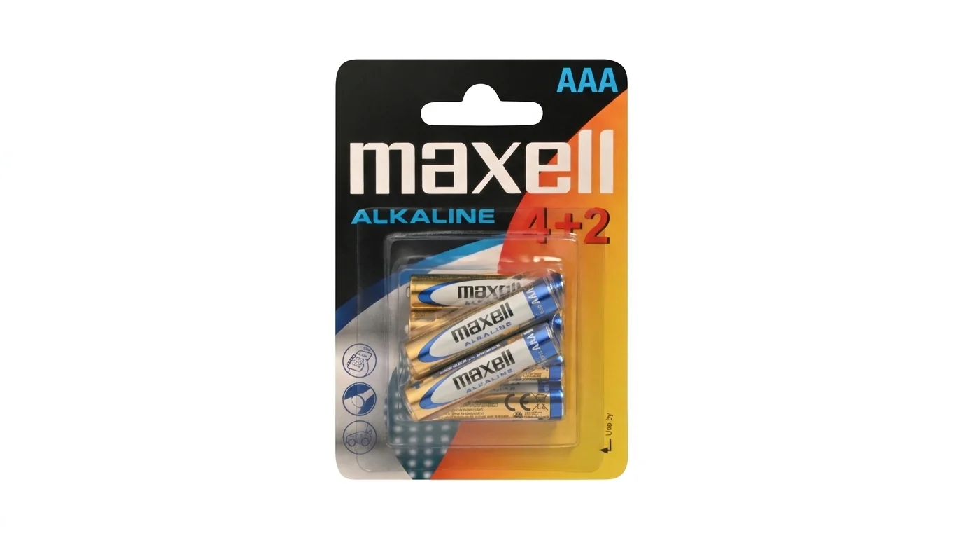 Blistrové balení šesti kusů alkalických baterií Maxell AAA s označením 4+2.