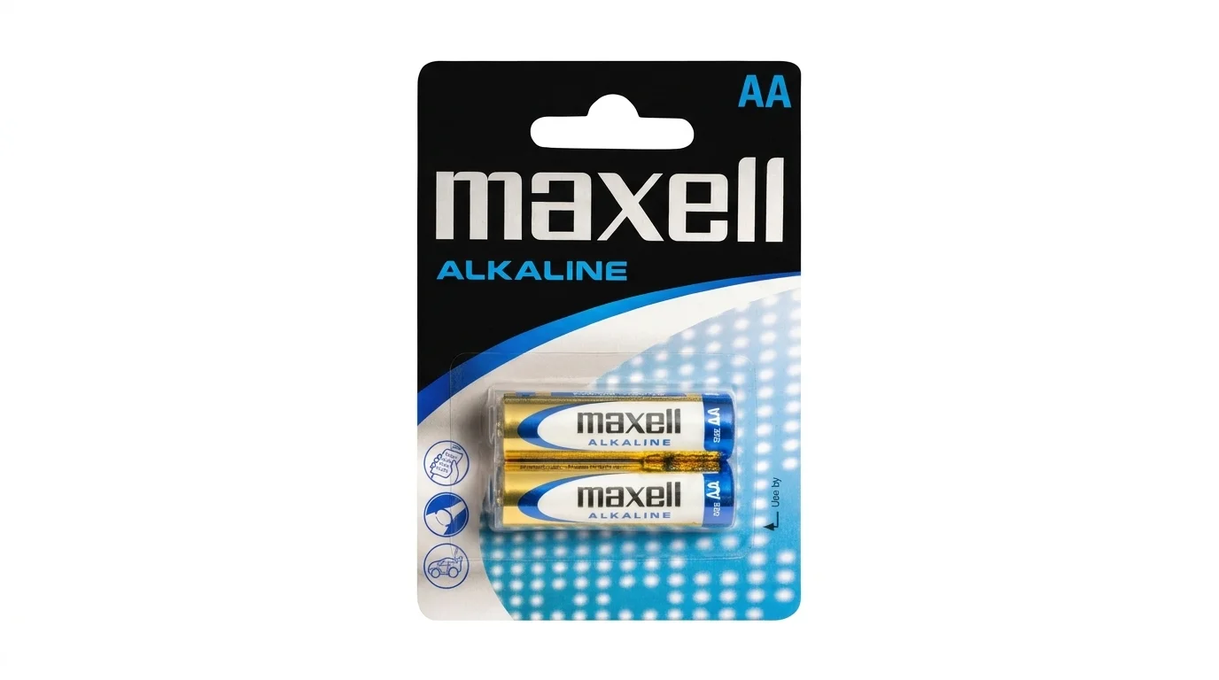 Blistrové balení se dvěma alkalickými tužkovými bateriemi Maxell velikosti AA.