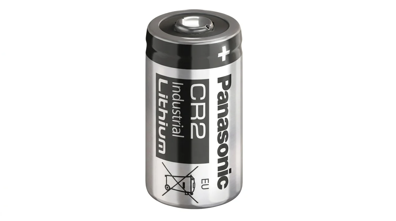 Stříbrná lithiová baterie Panasonic CR2 Industrial Lithium s černým popisem na bílém pozadí.