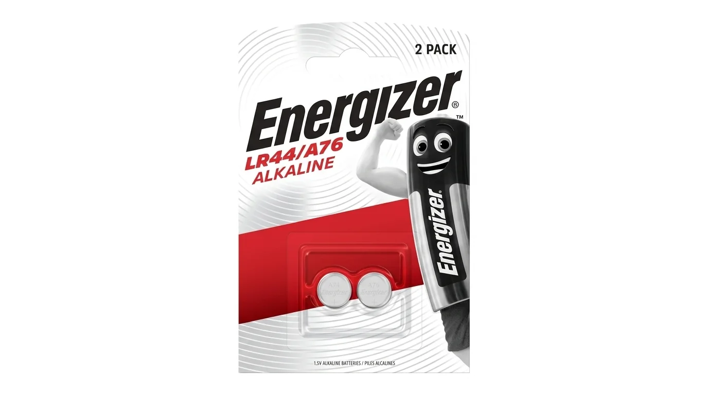 Balení dvou alkalických knoflíkových baterií Energizer LR44/A76 v blistru.