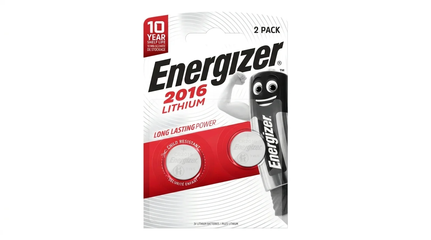 Blistrové balenie dvoch lítiových gombíkových batérií Energizer CR2016 s vyobrazením maskota.