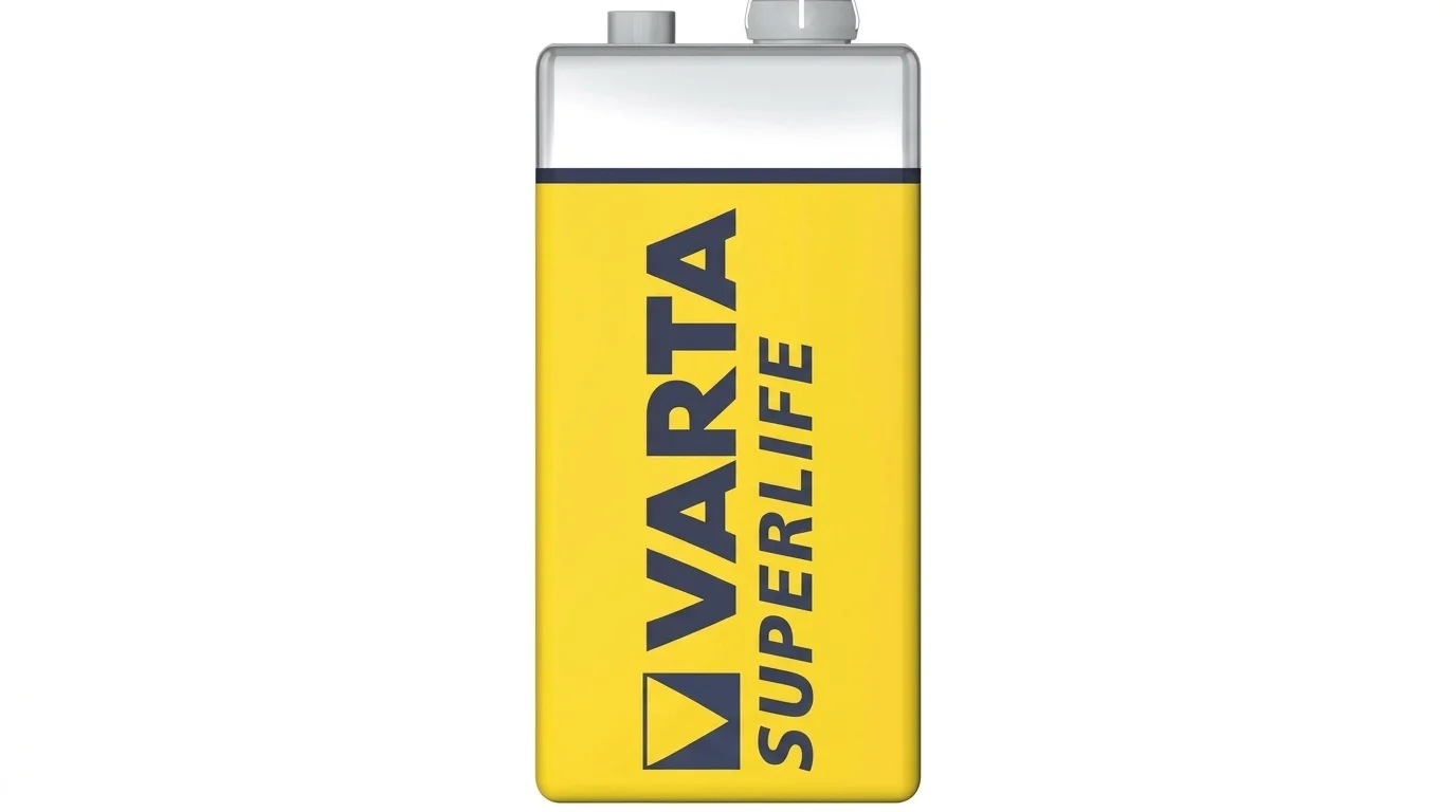 Devítivoltová baterie VARTA Superlife se žlutým tělem a horními pólovými kontakty.