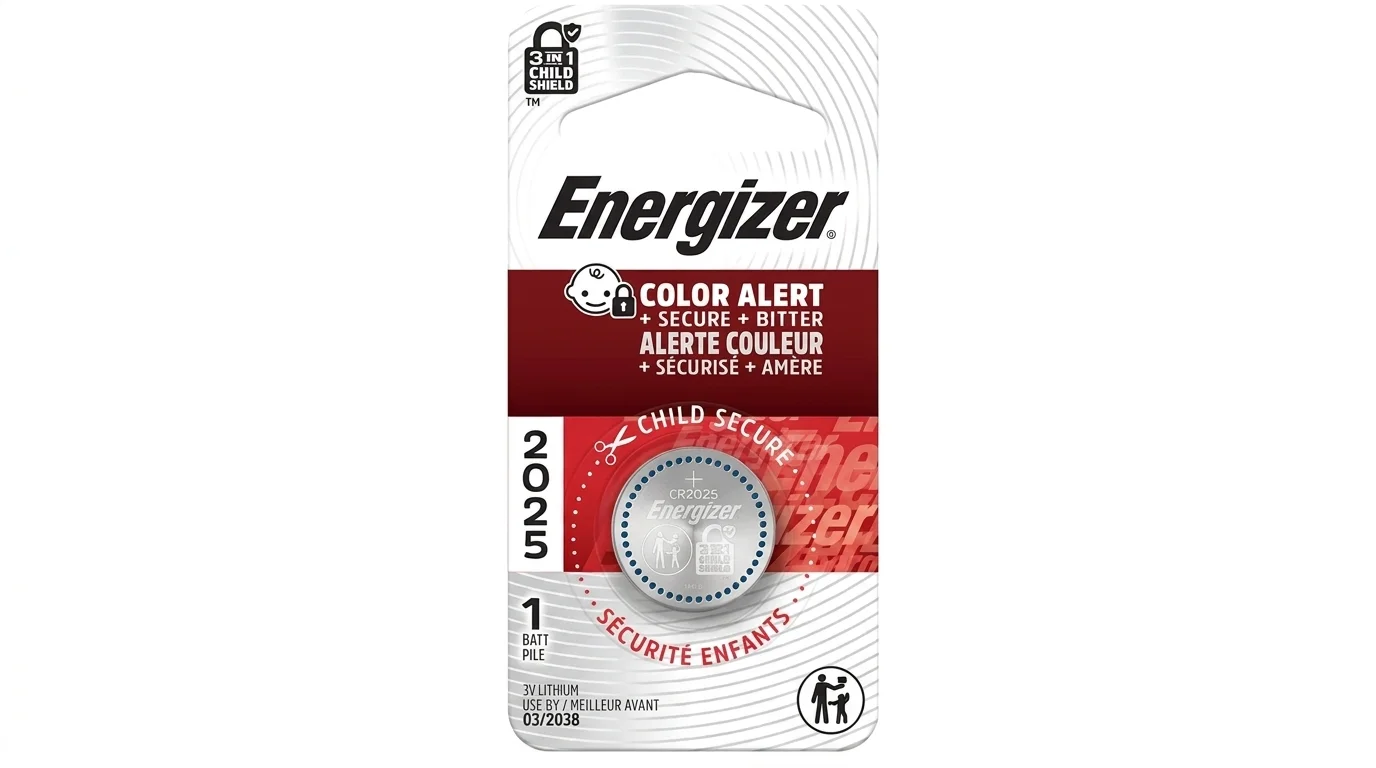 Lítiová gombíková batéria Energizer CR2025 v bezpečnostnom blistrovom balení Child Shield.