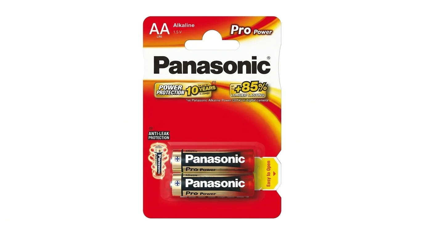 Dvě alkalické baterie Panasonic Pro Power AA 1,5 V v blistrovém balení.