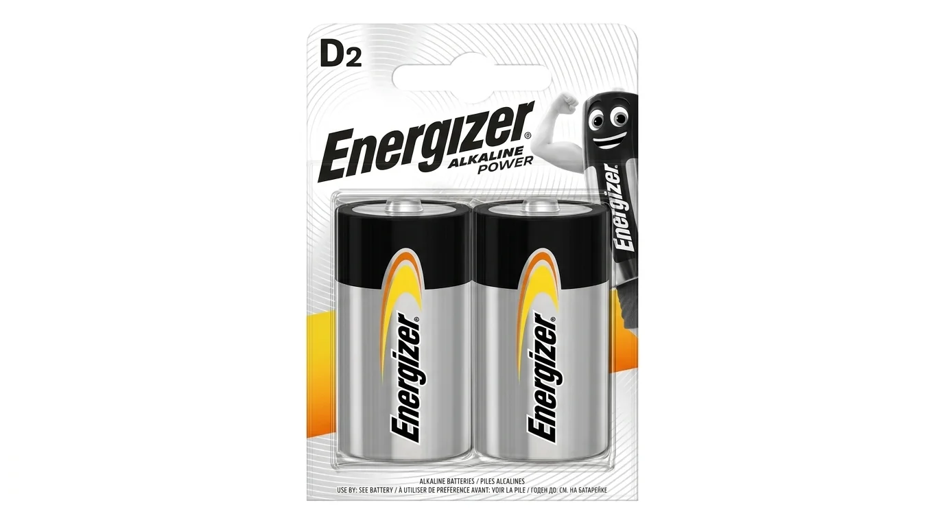 Blistrové balenie dvoch alkalických batérií Energizer veľkosti D v strieborno-čiernom vyhotovení.