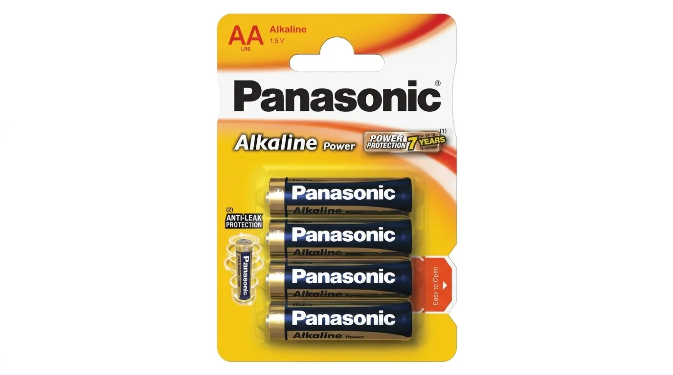 Blistrové balení se čtyřmi alkalickými bateriemi Panasonic Alkaline Power typu AA.