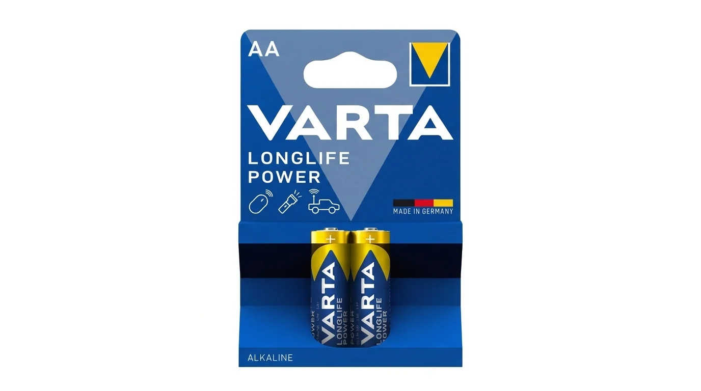 Blistrové balení se dvěma alkalickými tužkovými bateriemi VARTA Longlife Power AA.