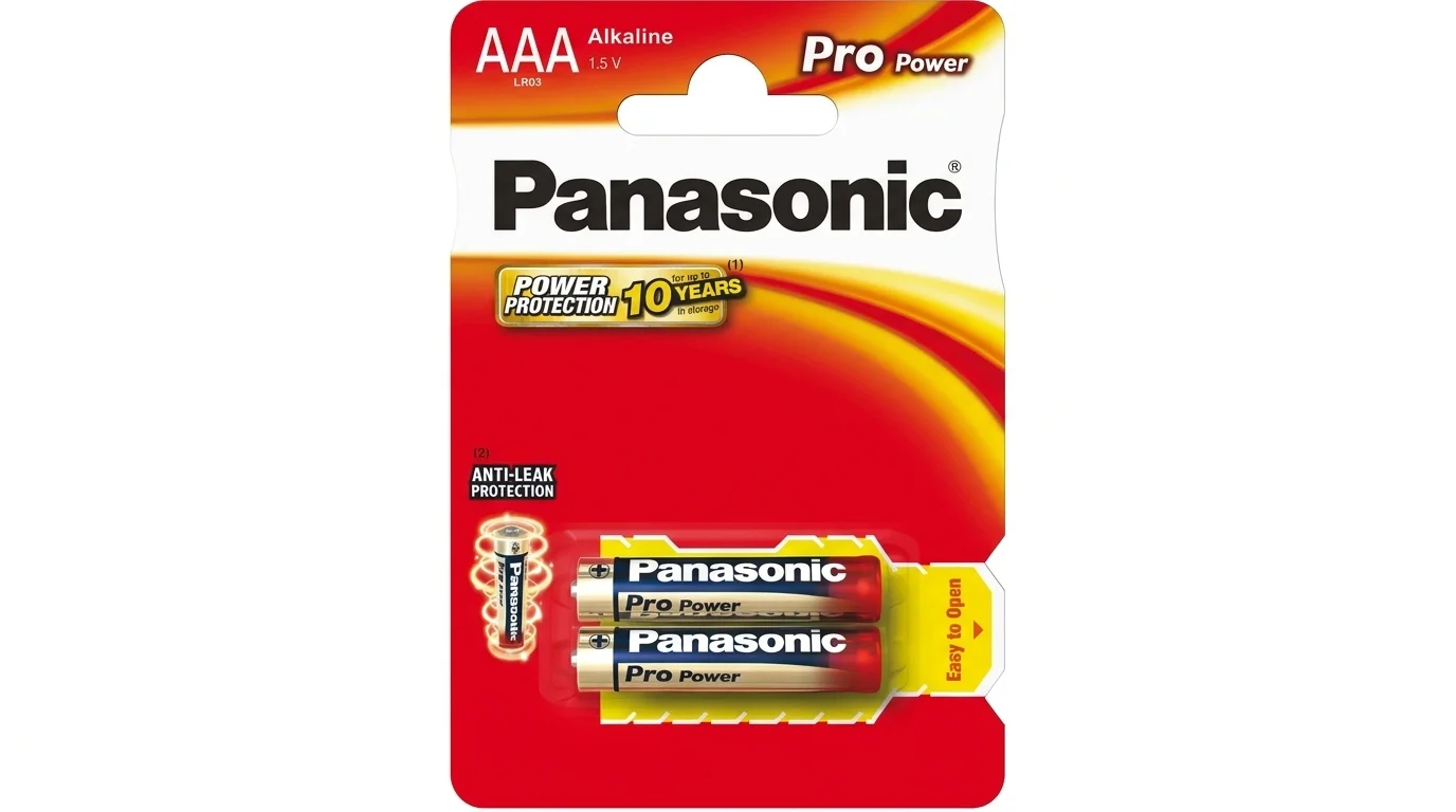 Blistrové balení se dvěma alkalickými mikrotužkovými bateriemi Panasonic Pro Power AAA 1,5 V.