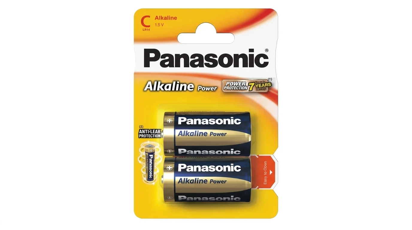 Blistrové balení se dvěma alkalickými bateriemi Panasonic Alkaline Power typu C (LR14).
