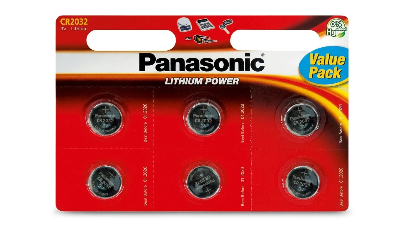 Blistrové balení šesti kusů lithiových knoflíkových baterií Panasonic CR2032 3V.