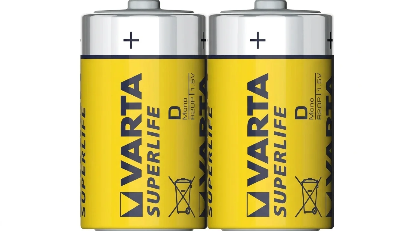 Dvě žluto-stříbrné baterie VARTA Superlife typu D s napětím 1,5 V.