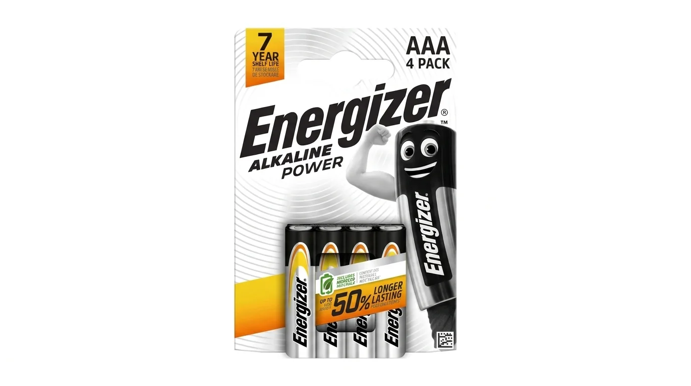 Blistrové balenie štyroch alkalických batérií Energizer Alkaline Power veľkosti AAA.