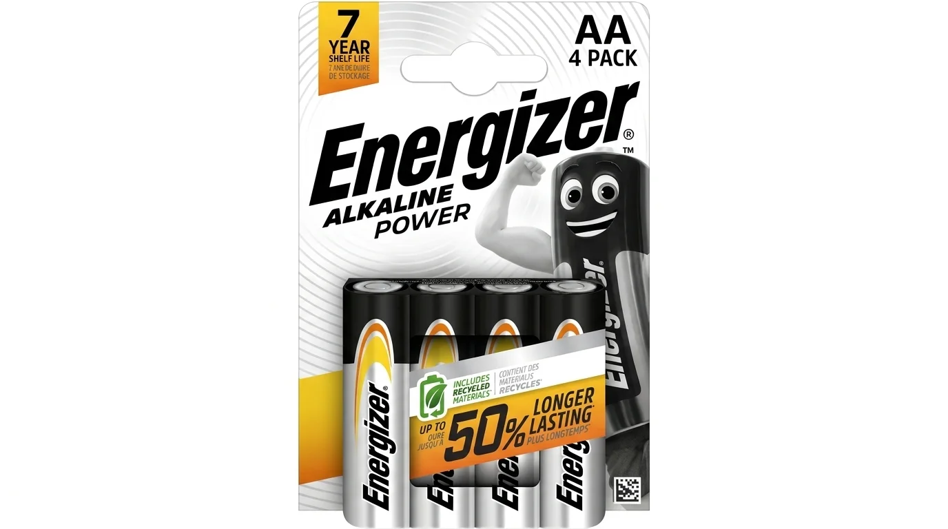 Blistrové balenie so štyrmi alkalickými batériami Energizer Alkaline Power typu AA.