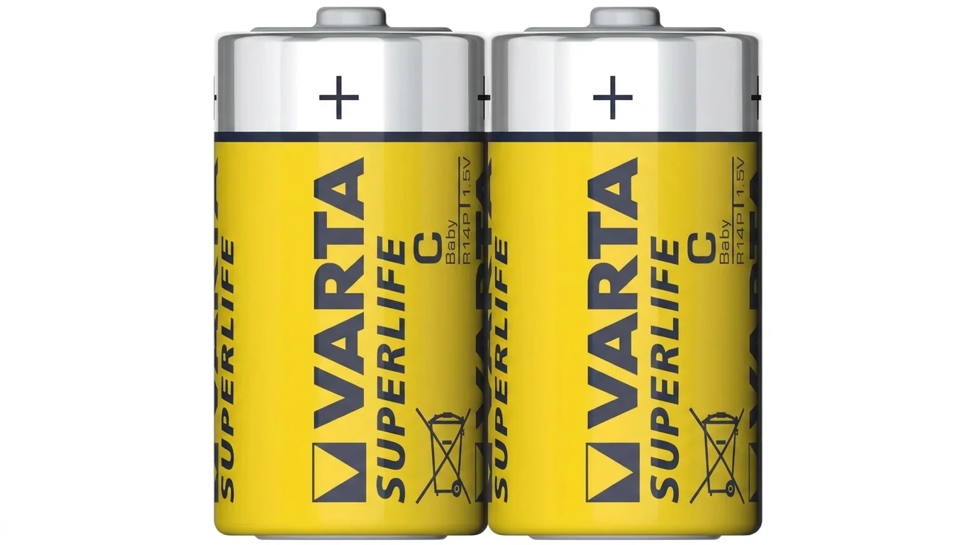 Dvě zinko-uhlíkové baterie VARTA Superlife typu C ve žluto-stříbrném provedení.