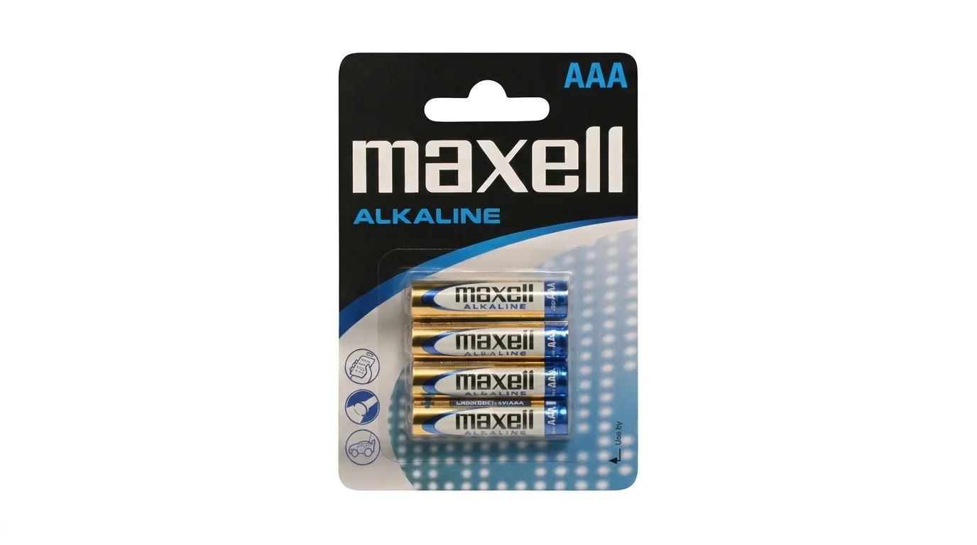 Blistrové balenie so štyrmi alkalickými batériami Maxell typu AAA.