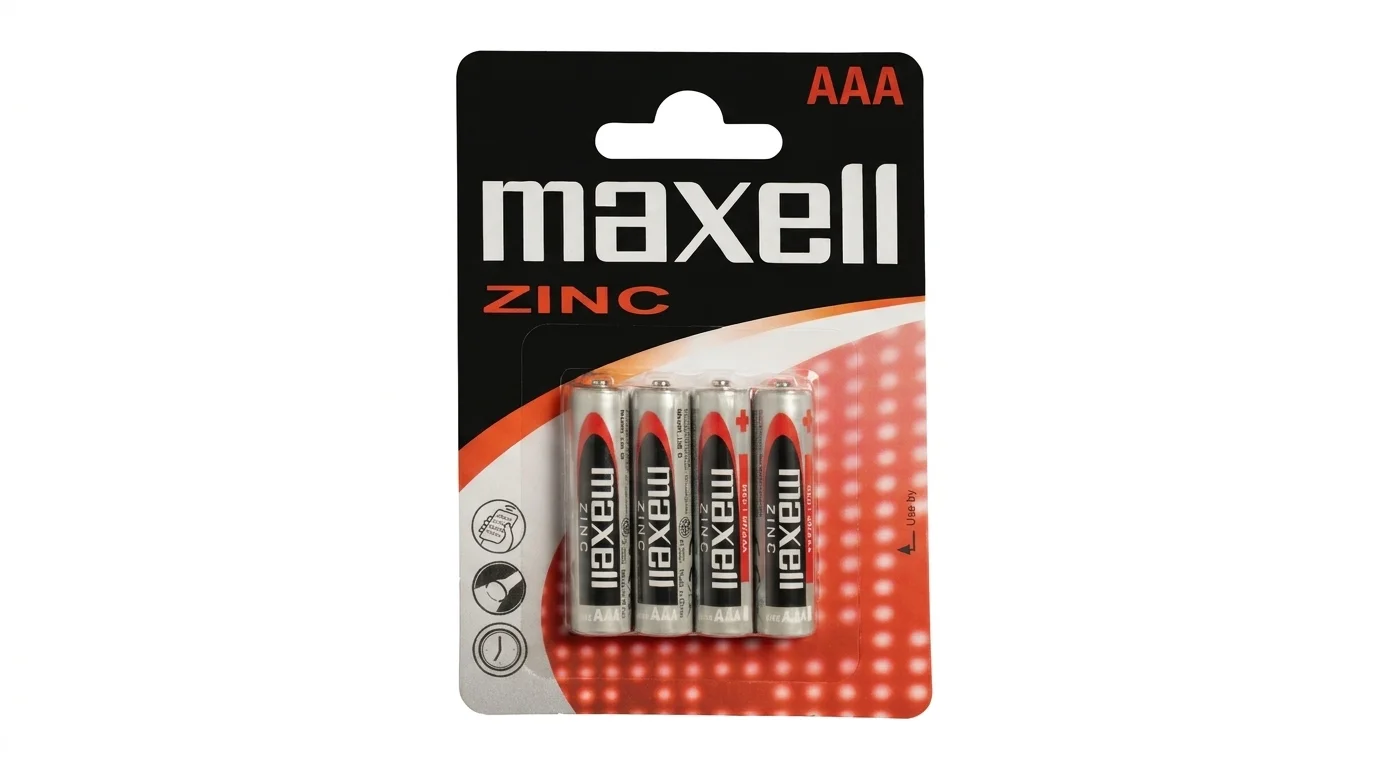 Blistrové balení obsahující 4 zinkové mikrotužkové baterie Maxell typu AAA.