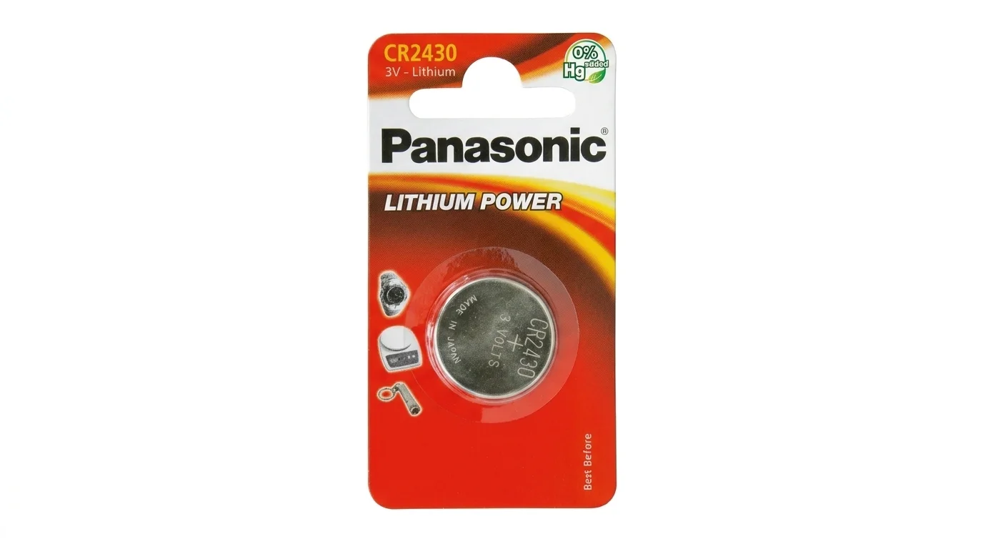 Blistrové balení s jednou lithiovou mincovou baterií Panasonic CR2430 o napětí 3 V.