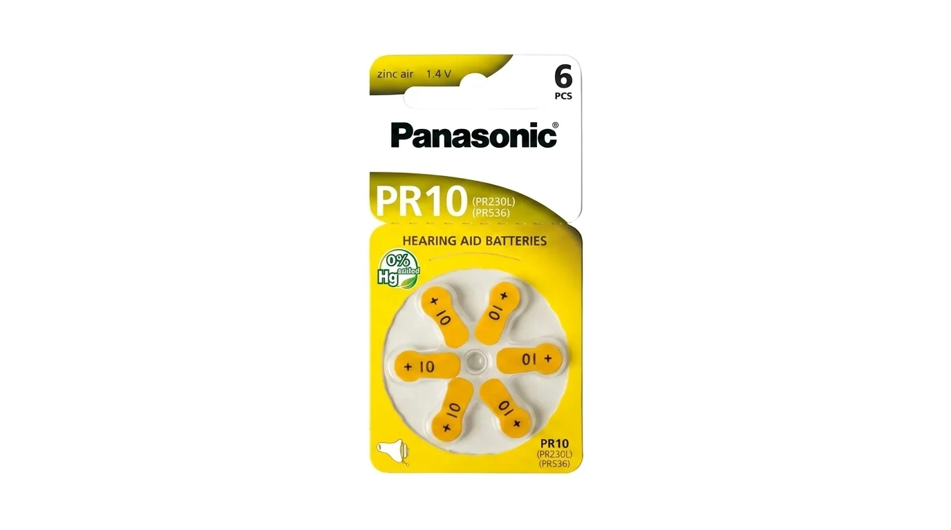 Balení šesti zinkovzdušných baterií Panasonic PR10 pro sluchadla se žlutými pásky uspořádanými do kruhu.