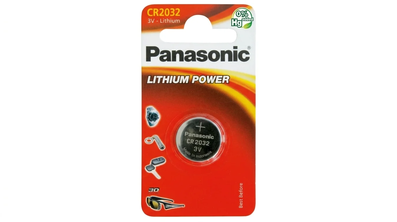 Blistrové balení s jednou lithiovou knoflíkovou baterií Panasonic CR2032 3V.