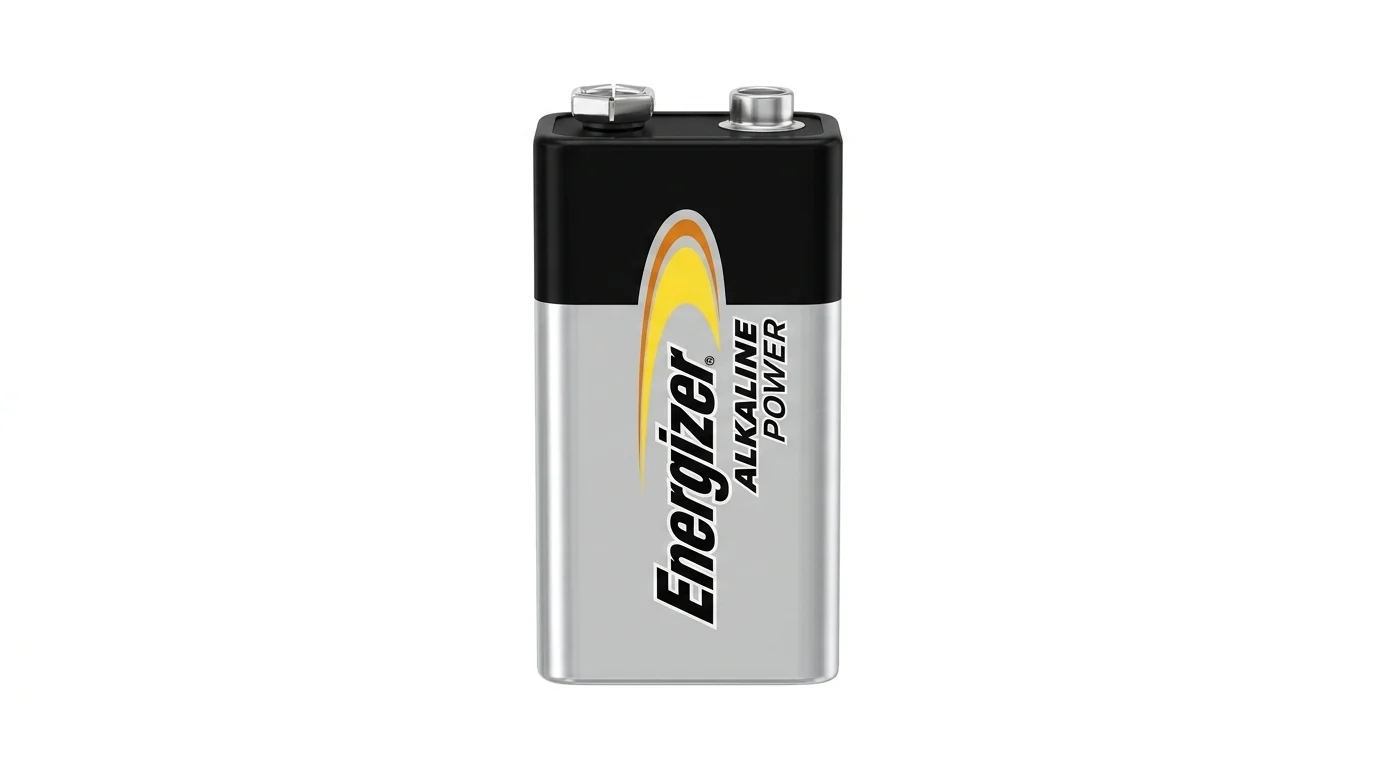 Alkalická 9V batéria Energizer Alkaline Power v strieborno-čiernom vyhotovení s kontaktmi na hornej strane.
