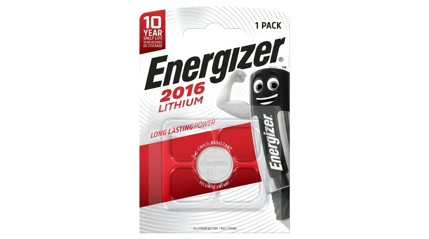 Balení lithiové knoflíkové baterie Energizer CR2016 s bezpečnostním dětským obalem Child Resistant.