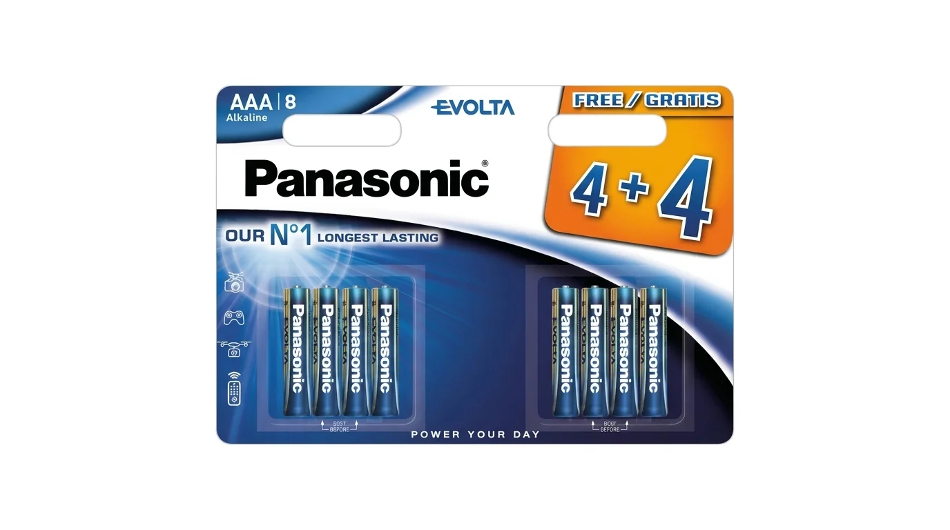 Balení osmi mikrotužkových alkalických baterií Panasonic Evolta AAA v promo edici 4+4 zdarma.