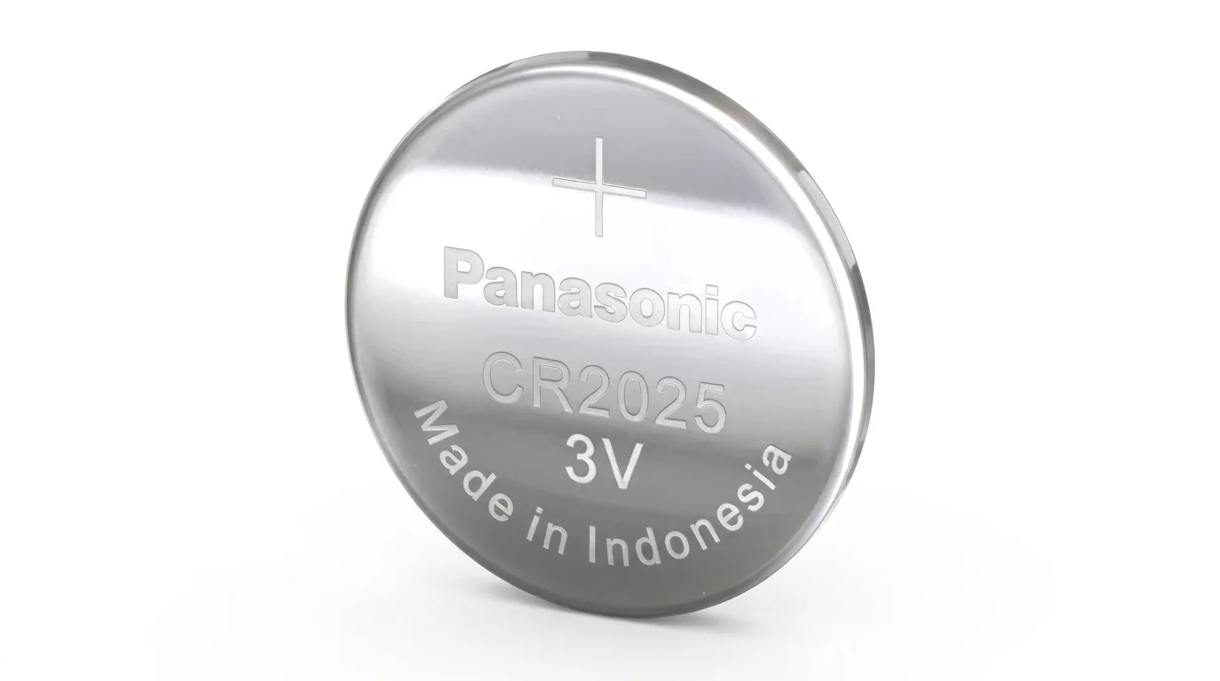 Stříbrná knoflíková baterie Panasonic CR2025 s vyznačeným napětím 3 V.