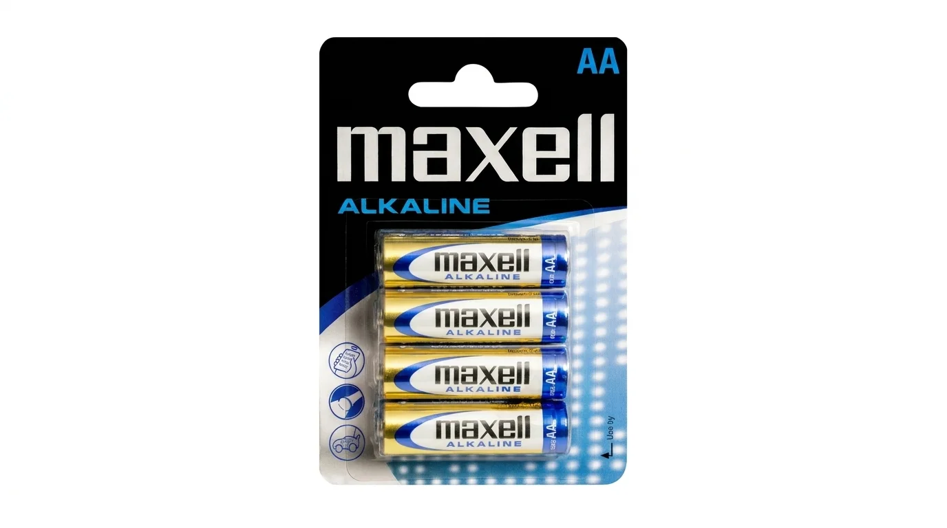 Blistrové balení čtyř kusů alkalických baterií Maxell velikosti AA.
