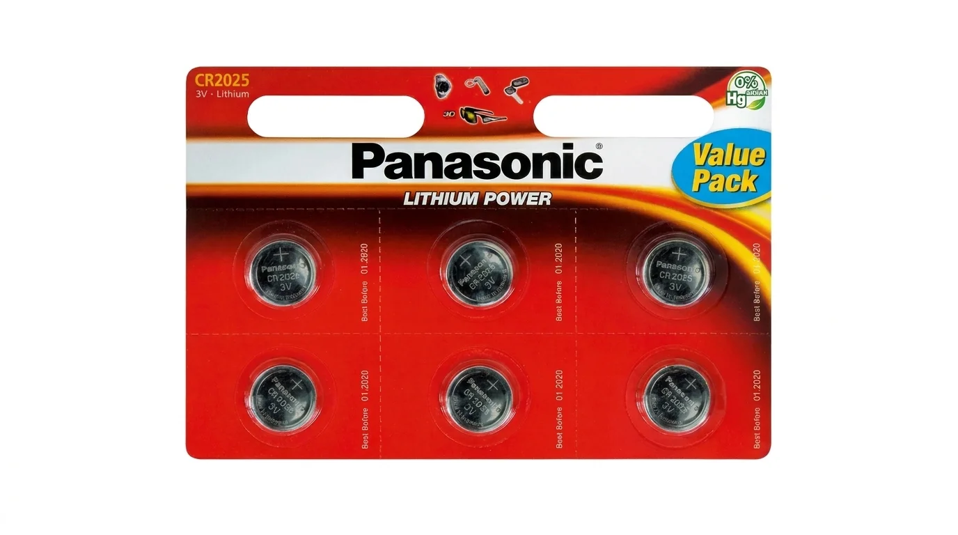 Blistrové balení šesti kusů lithiových mincových baterií Panasonic CR2025 3V.