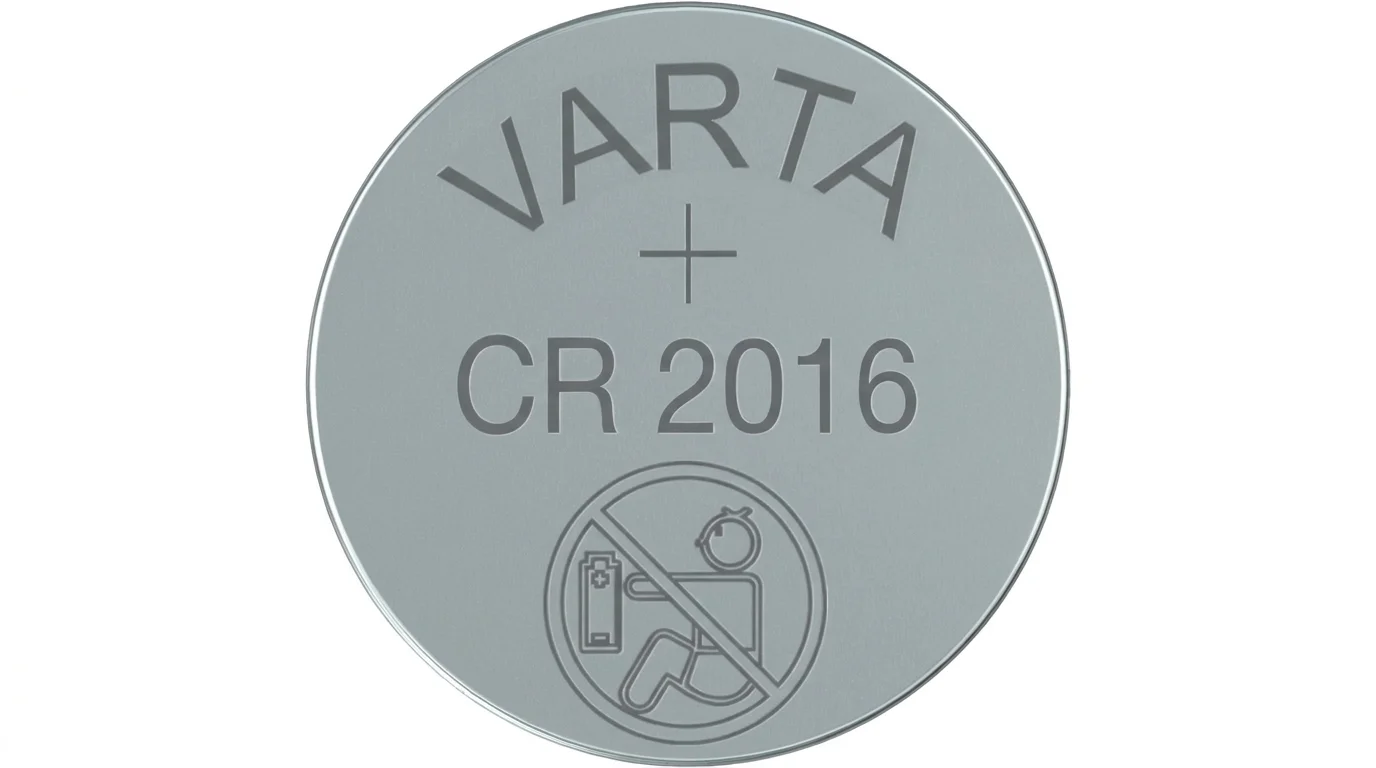 Stříbrná knoflíková baterie Varta CR 2016 s označením polarity a bezpečnostním symbolem.