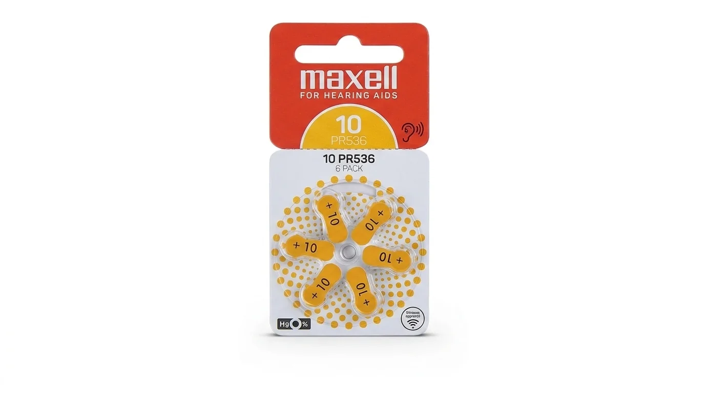 Otočné balenie šiestich batérií Maxell 10 PR536 pre načúvadlá so žltými štítkami.