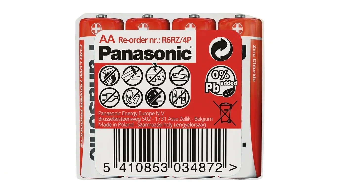 Balení čtyř baterií Panasonic AA Red Zinc v průhledné fólii s červenou etiketou a čárovým kódem.