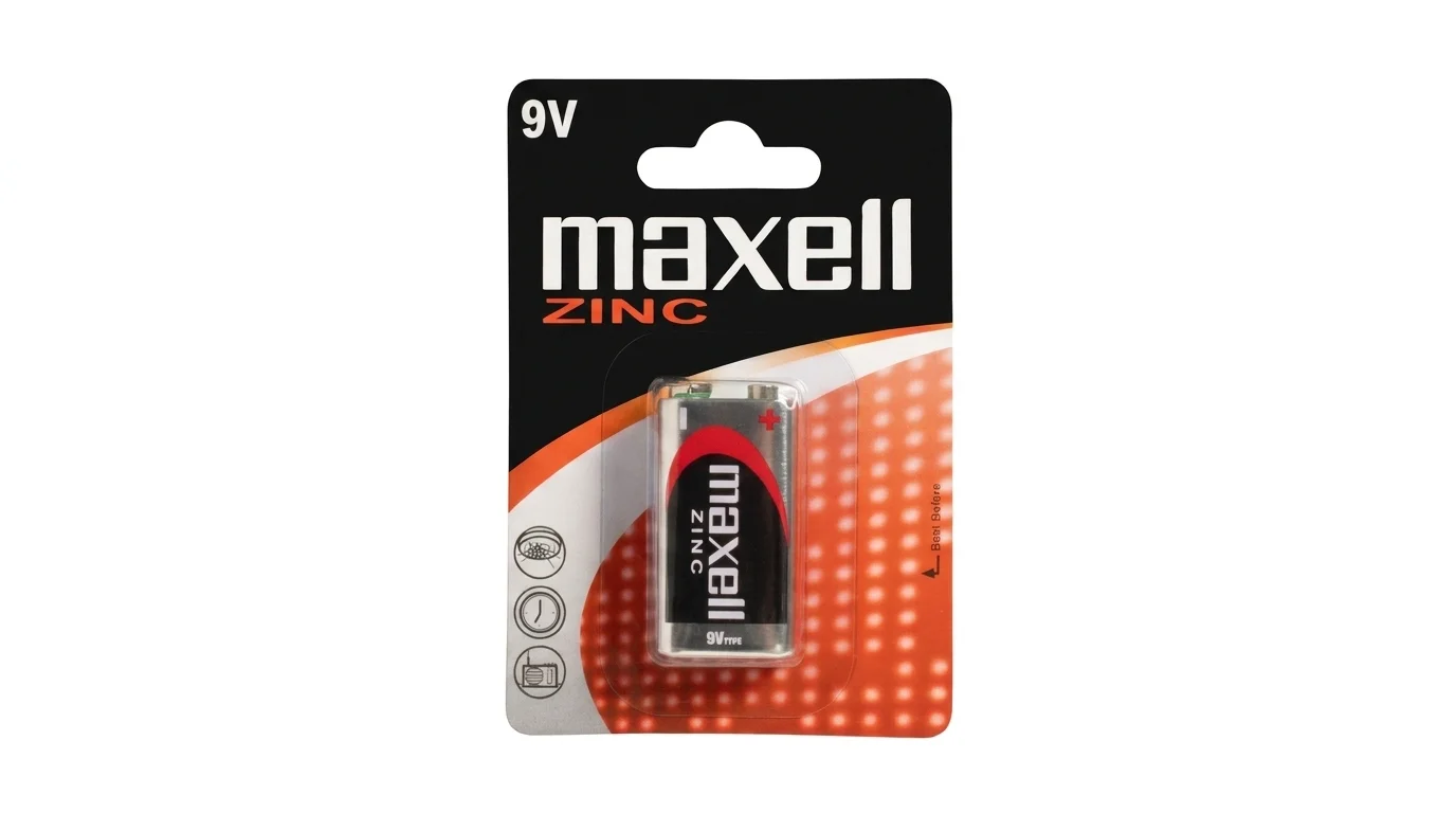 9V zinko-uhlíková batéria Maxell v čierno-oranžovom blistrovom balení.