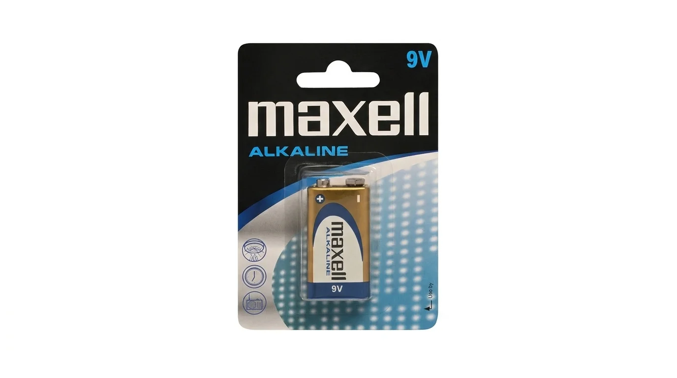 Alkalická baterie Maxell 9V v blistrovém balení.