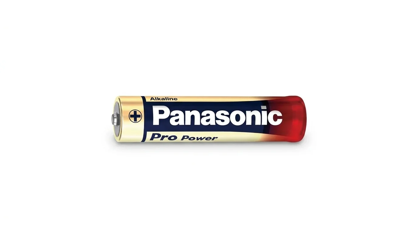 Alkalická baterie Panasonic Pro Power v modro-zlatém designu s červeným koncem na bílém pozadí.