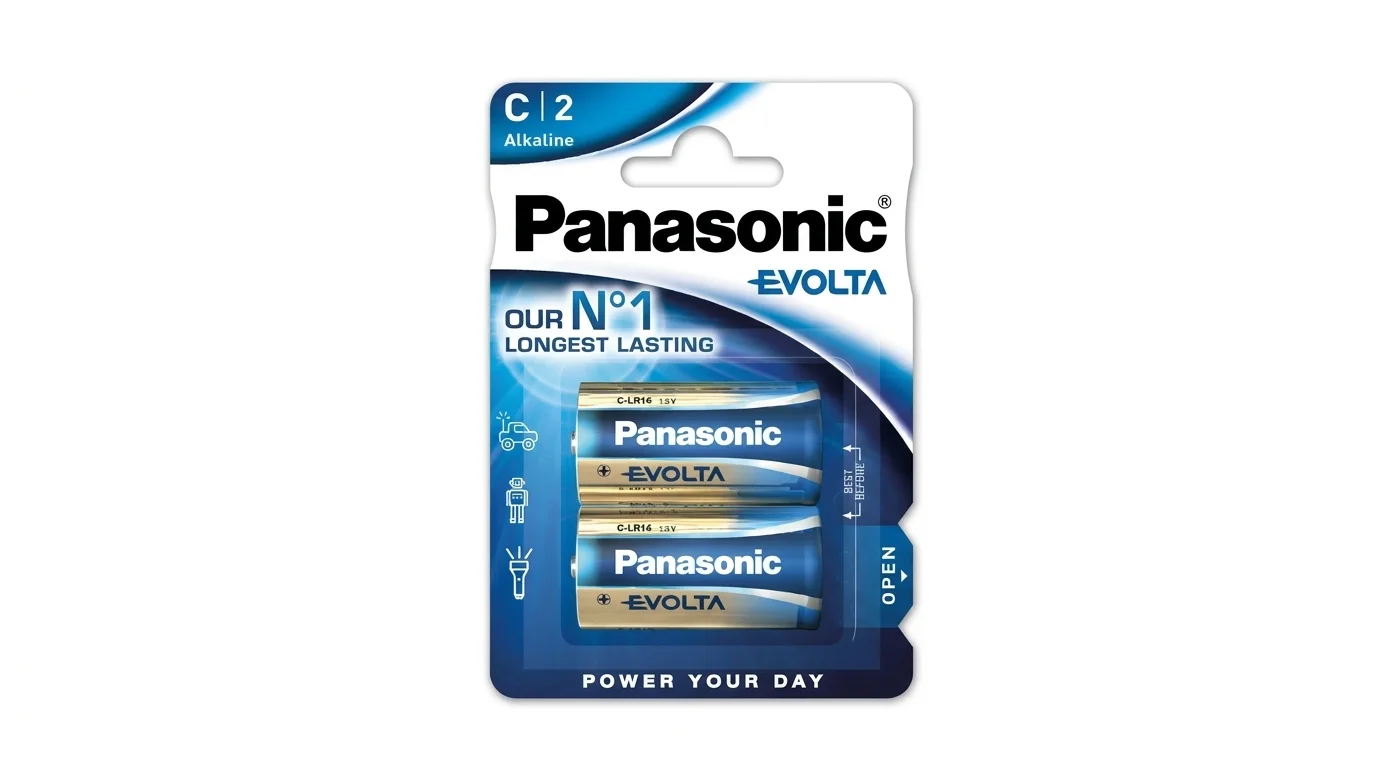 Blistrové balení se dvěma alkalickými bateriemi Panasonic Evolta velikosti C.