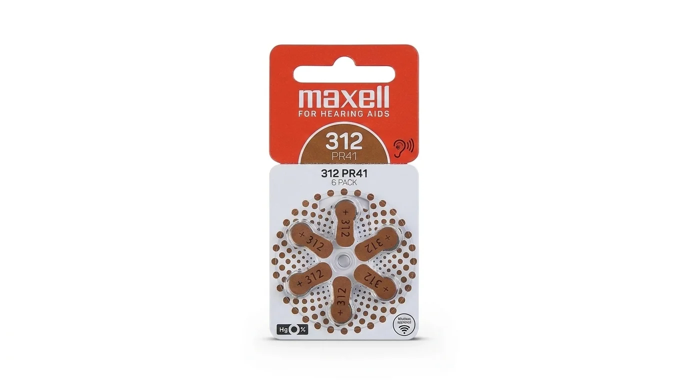 Balenie šiestich batérií Maxell 312 do načúvacích prístrojov v praktickom otočnom disku.