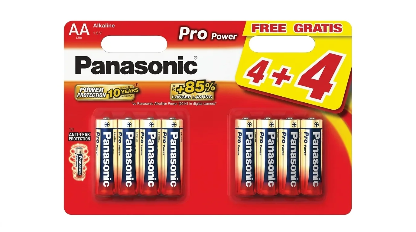 Balení osmi alkalických tužkových baterií Panasonic Pro Power AA v blistru s označením 4+4.