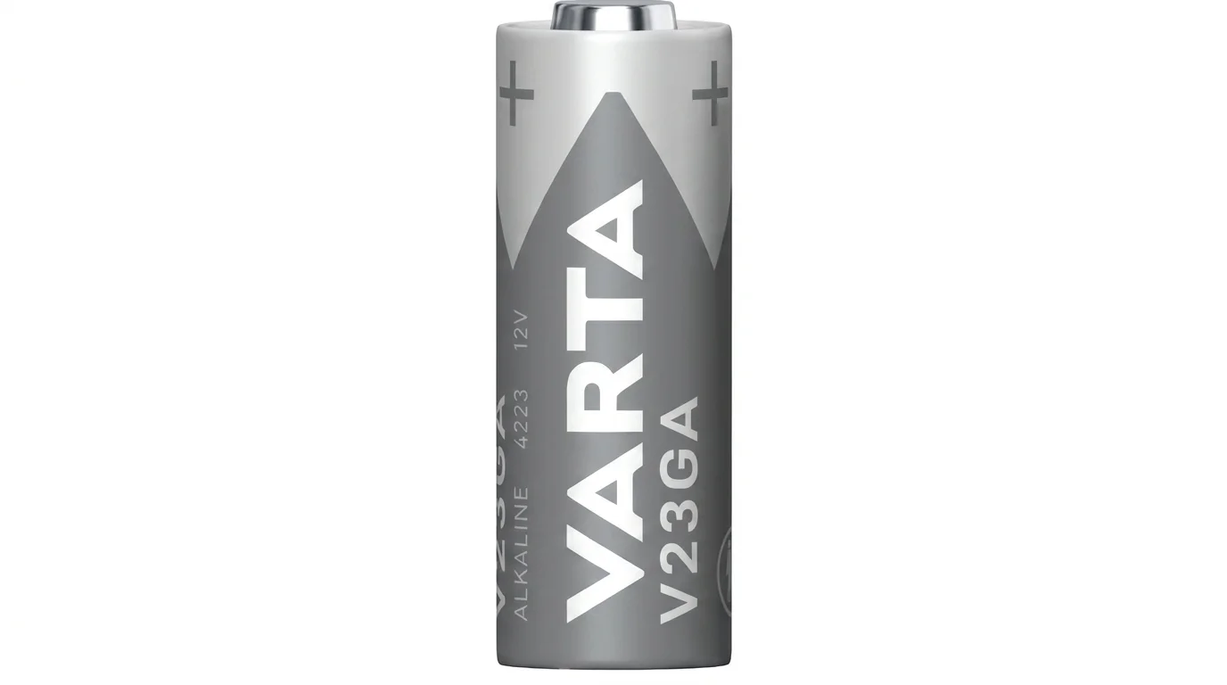 Sivá alkalická batéria VARTA V23GA s napätím 12 V na bielom pozadí.